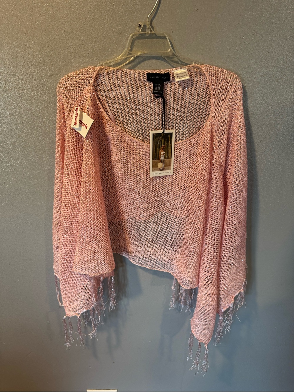 Sincerely Jules Open Knit Fringe Poncho - Pink
